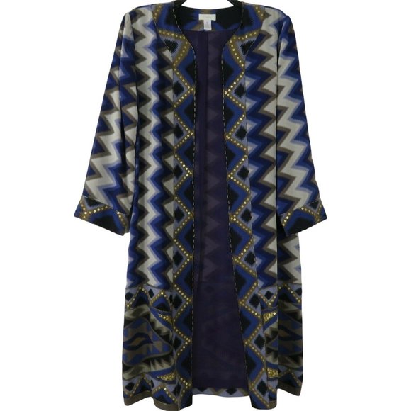 Chico's 0 Long Open Front Kimono Duster Coat Purple Gold Beaded Sequence Lined - Picture 3 of 12